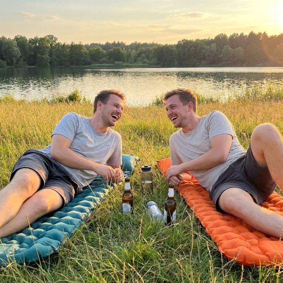 Zwei Freunde auf zwei Isomatten am See