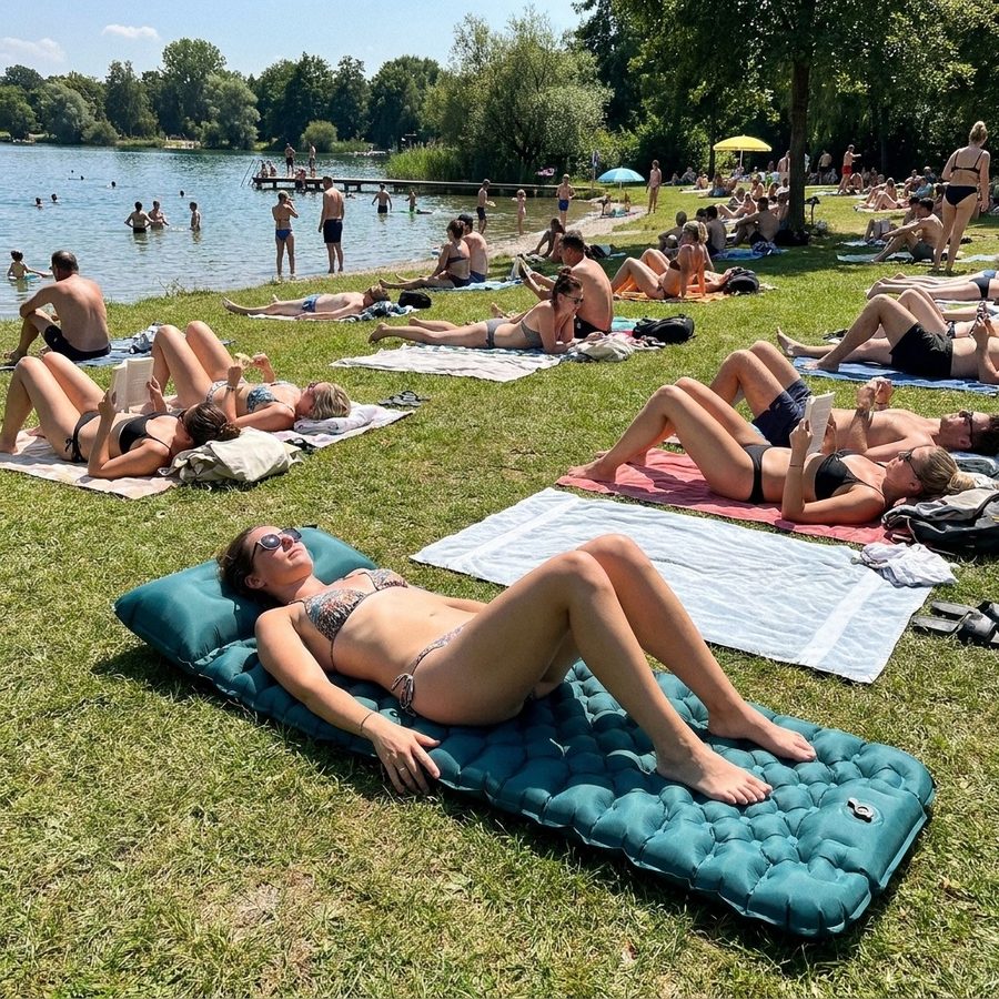 Badesee: alle auf Handtüchern, eine Person liegt bequem auf einer Luftmatte
